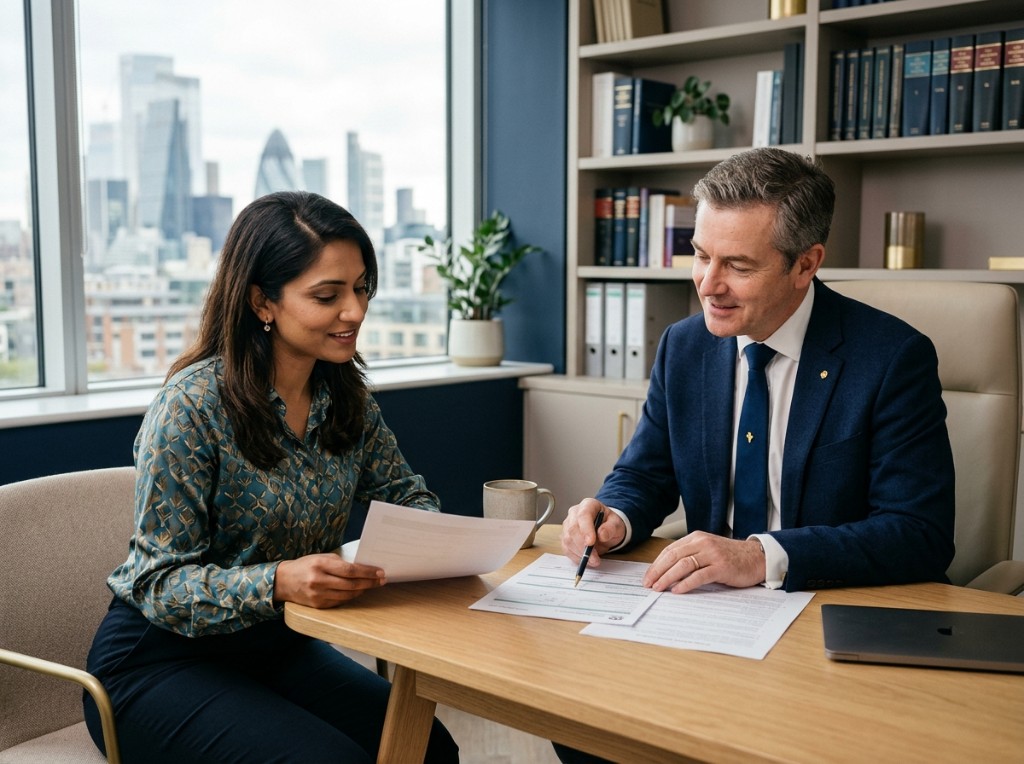 100 London Law Firm advisers reviewing documents together in a modern office